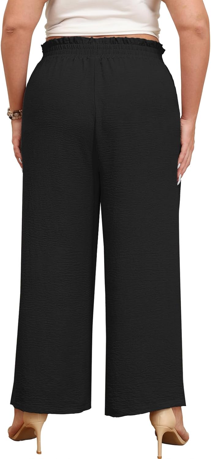 Lastshe Women's Plus Size Pants Wide Leg Work Casual Palazzo Pants Elastic High Waisted Dressy Trousers with Pockets - Image 4
