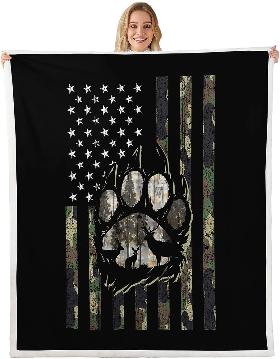 Erosebridal Rustic Hunting Fleece Bed Blanket Queen 90"X90" Woodland Bear Deer Throw Blanket Army Green Camo American Flag Sherpa Blanket for Kids Boys Teen,Farmhouse Cabin Camping Fuzzy Blanket