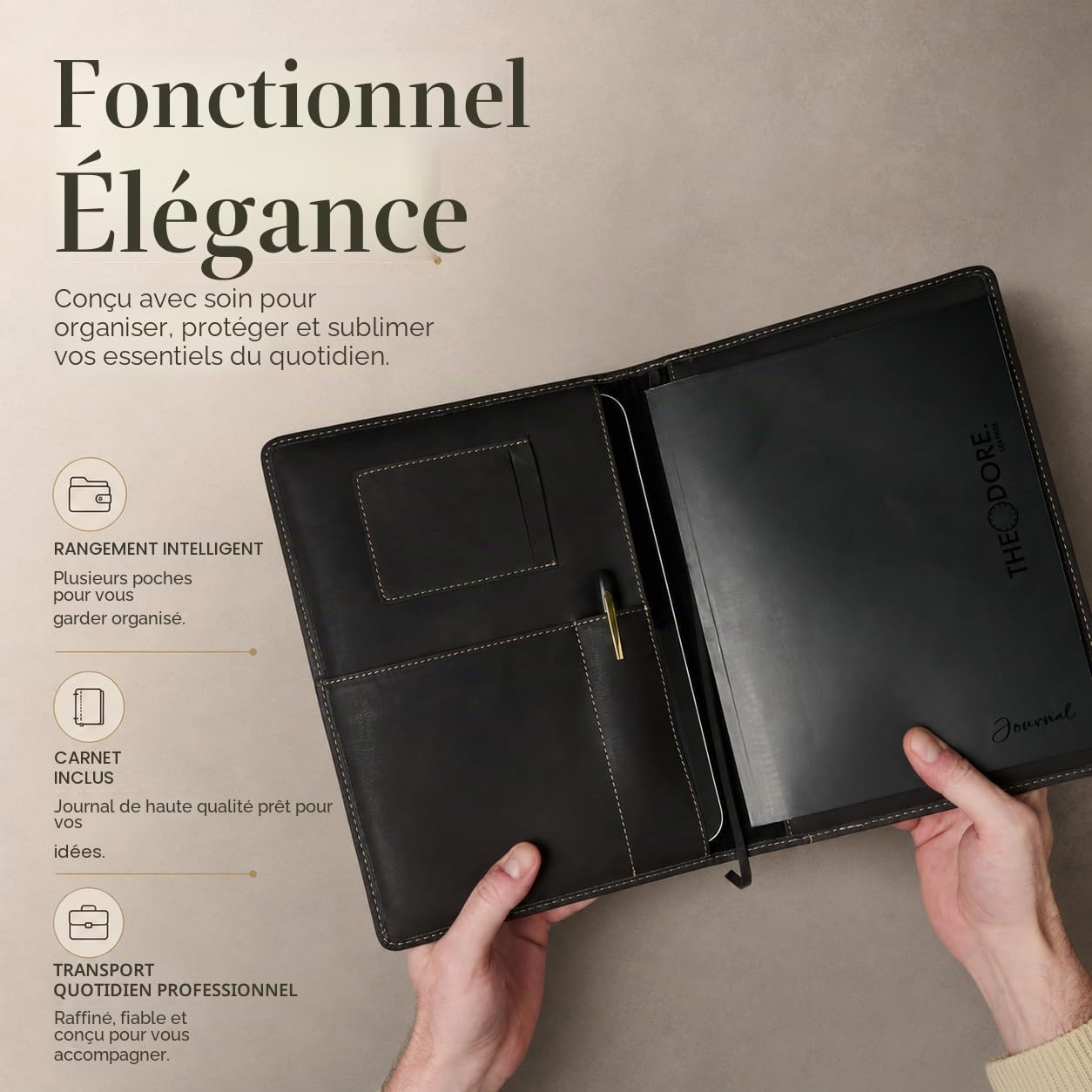 THEODORE Étui pour Carnet en Cuir Noir Theodore - Compatible Moleskine XL et Cahiers B5 (19,8 x 27,4 cm) - Carnet de Voyage avec Journal Inclus