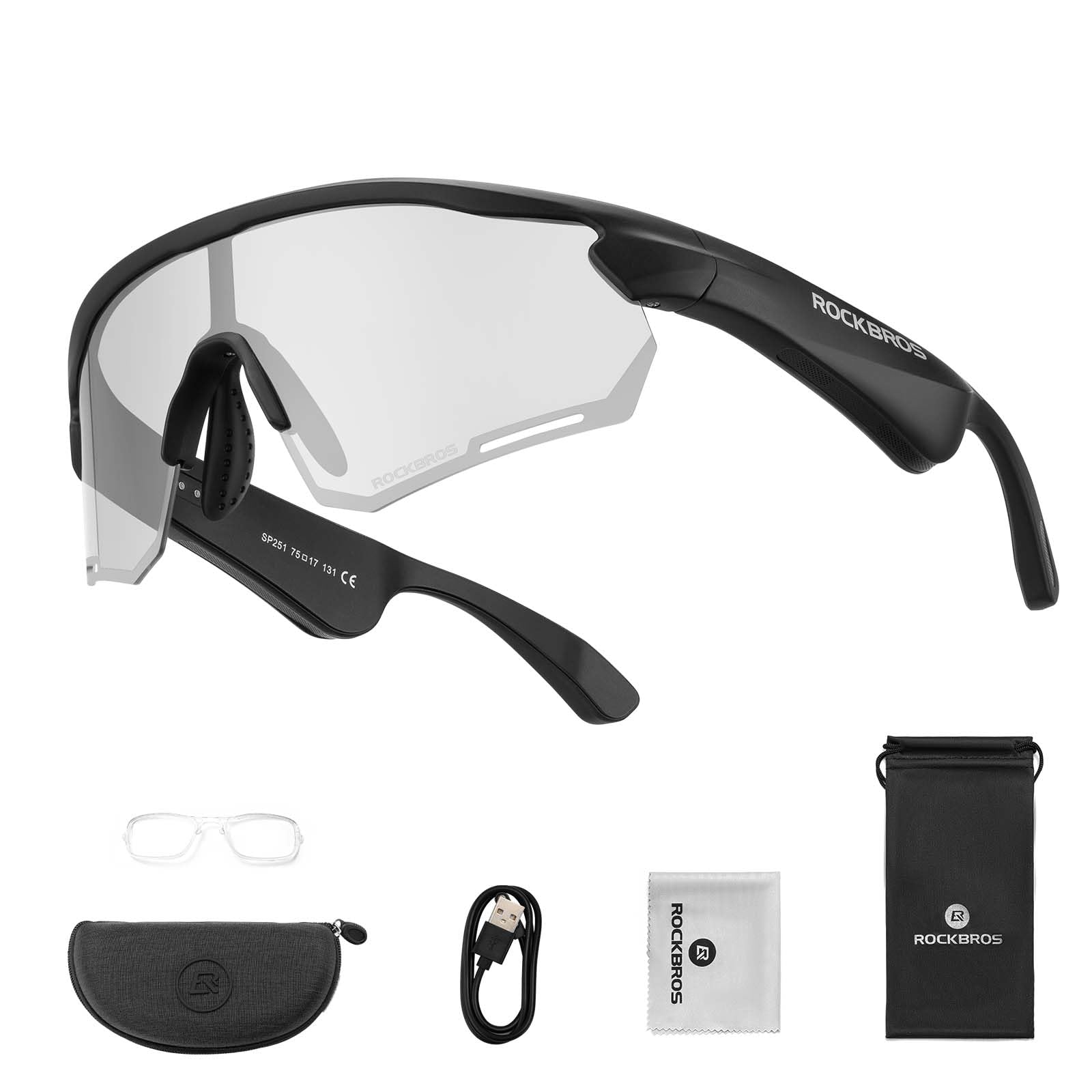 ROCKBROS Occhiali Intelligenti Bluetooth Bici, Occhiali da Sole con Apparecchi Acustici con Lenti Fotocromatiche Smart Glasses UV400 Open Ear Uomo Donna, per Bicicletta Corsa Guidare, Nero
