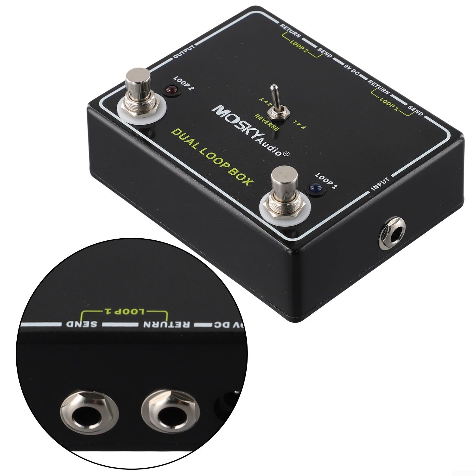 Pedale commutatore loop effetti chitarra con doppio canale inverso e interruttore a pedale AB per performance dal vivo, involucro in alluminio, nero, alimentazione 9V DC 1000mA, uscita