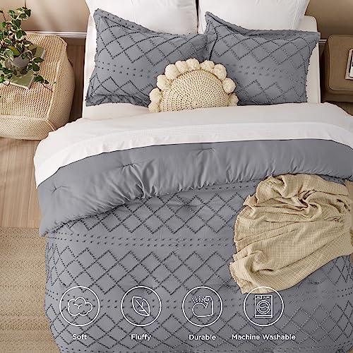 Image of Bedsure King Comforter Set - Grey Comforter, Boho Tufted Distressed Vintage Bedding for Kids, 3 Pieces Farmhouse-Style Bed Set for All Seasons, Fluffy Soft Bedding with 2 Pillow Shams