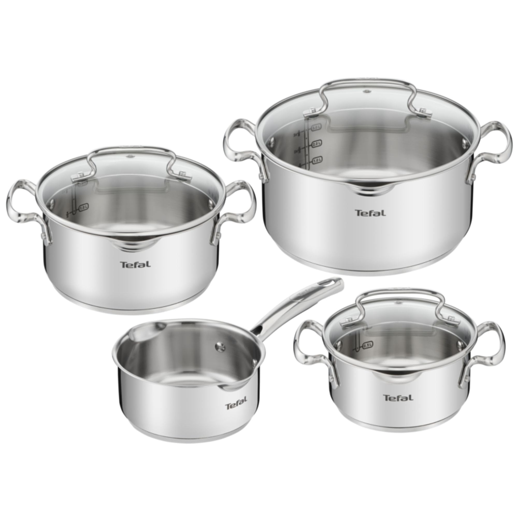 Tefal Duetto Plus - Juego de 4 Piezas + 3 Accesorios, Acero inoxidable | 3 Ollas 16/20/24 cm + Cazo 16 cm + 3 Tapas, Marcas de medición, Thermo-Fusion, Apto inducción, Asa ergonómica