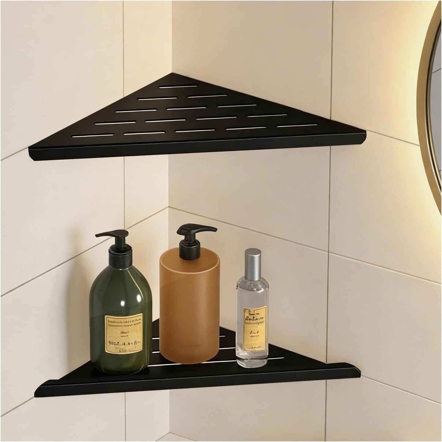 YACVCL Corner Shower Shelf,10" Black 304 Stainless Steel Hole-Free Inset Corner Storage Shelf for Tiled 90° Walls,Bathroom Accessories,Set of 2