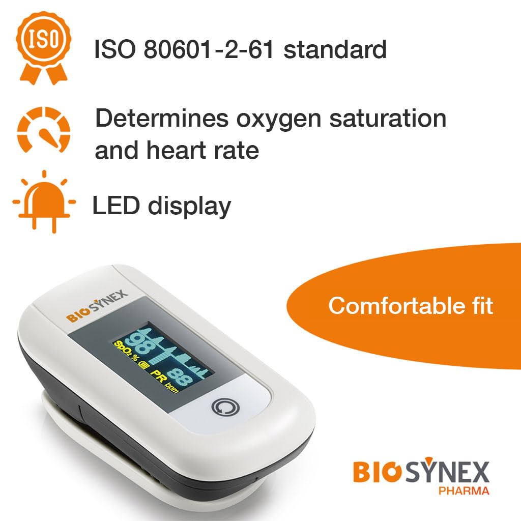 BIOSYNEX - Oxymètre de Doigt avec Mesure du Pouls - Mesure l'Oxygénation du Sang - Evaluation des Fonctions Respiratoires - Pathologies Respiratoires - Athlètes - Altitude - 12 Ans et +