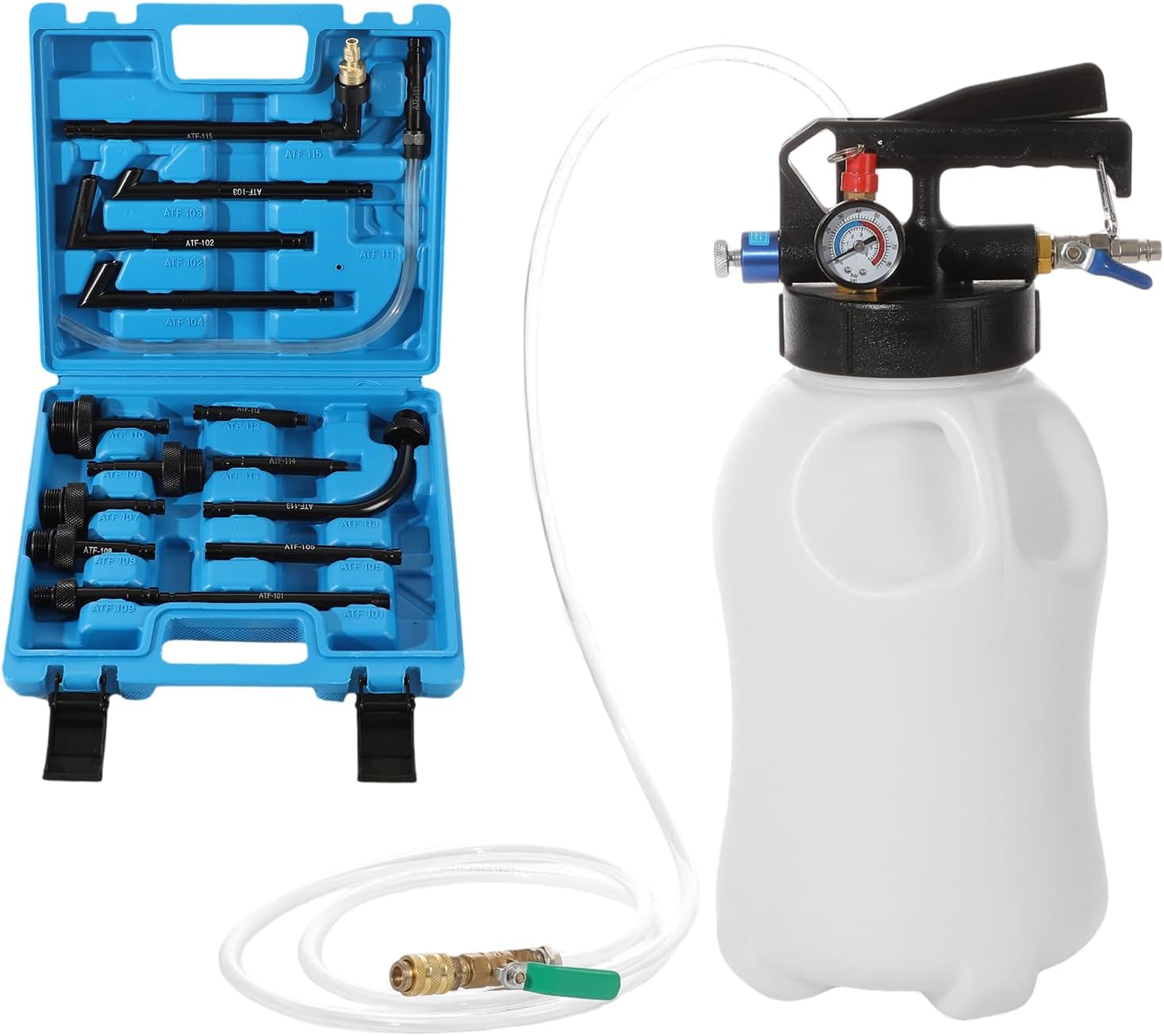 Transmission Fluid Transfer Pump Air Operated, 2 Way Pneumatic ATF Refill Kit, Vacuum Fluid Extractor & Dispenser with 15 Adapters, 3 Hoses, Storage Case for Oil, ATF, Coolant (6L)