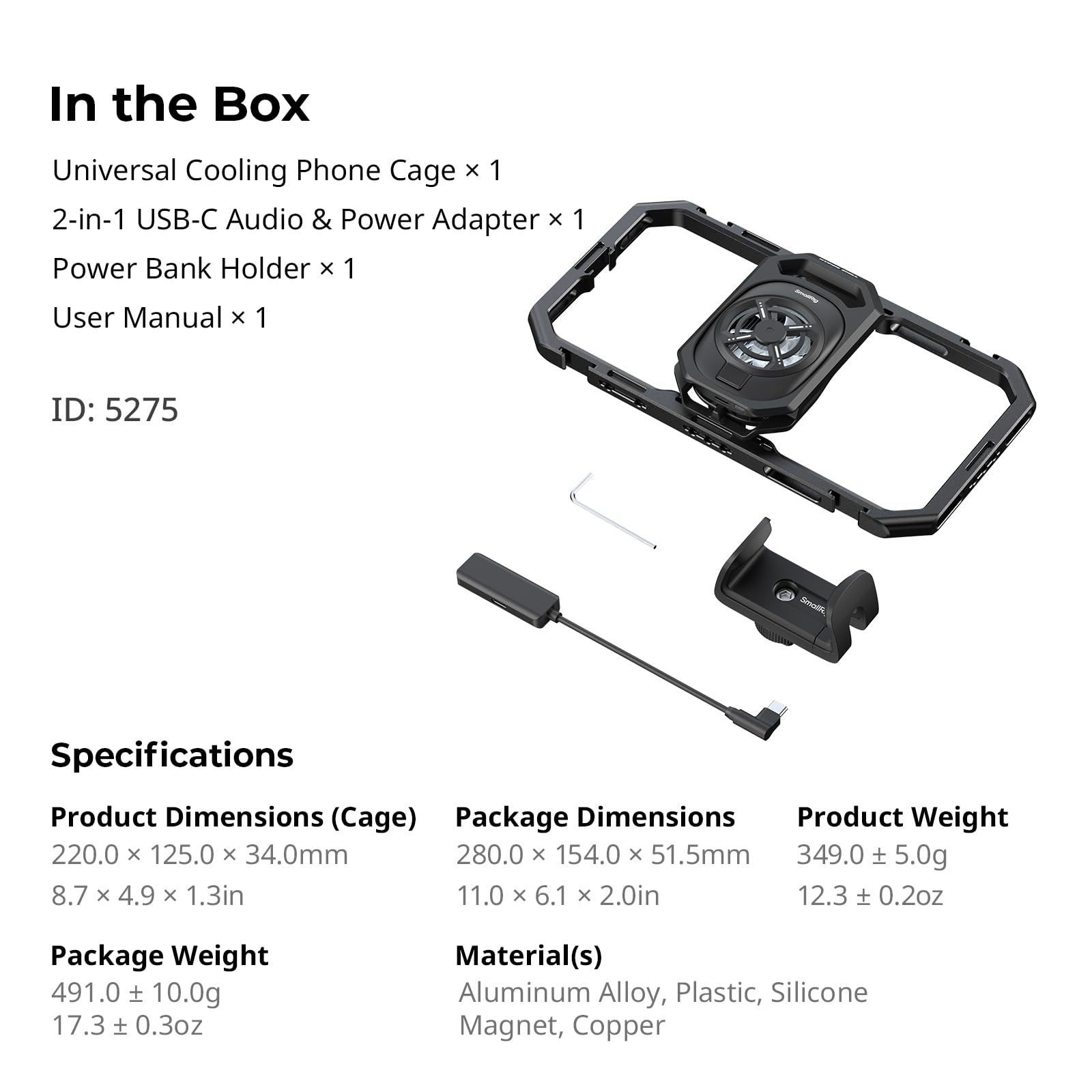 SmallRig Jaula universal Hyper Chill Cooling para iPhone/Android, con enfriador activo de 15 W y adaptador USB-C 2 en 1 y soporte para banco de energía, teléfonos compatibles de 2.5 a 3.1 pulgadas