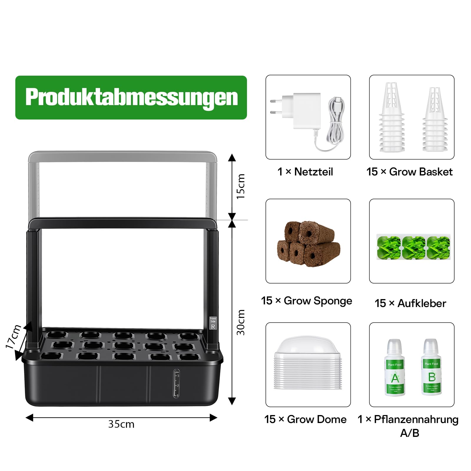 ERWEY Kit de Système de Culture Hydroponique, Potager Interieur 15 Pods, Lampe LED 15 W Plein Spectre Intégrée, Smart Garden Intérieur pour Maison, Cuisine, Hauteur Réglable, Noir