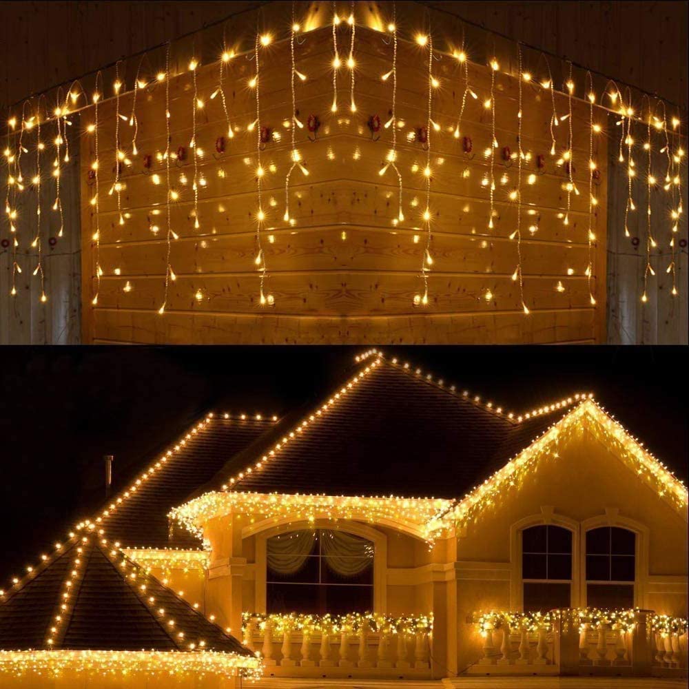 SHATCHI 1200LEDs Waterfall Icicle Christmas Lights Warm White - Multifunction 8 Modes, Timer Clear Cable Indoor/Outdoor Low Voltage Waterproof Curtain Light Christmas Decoration