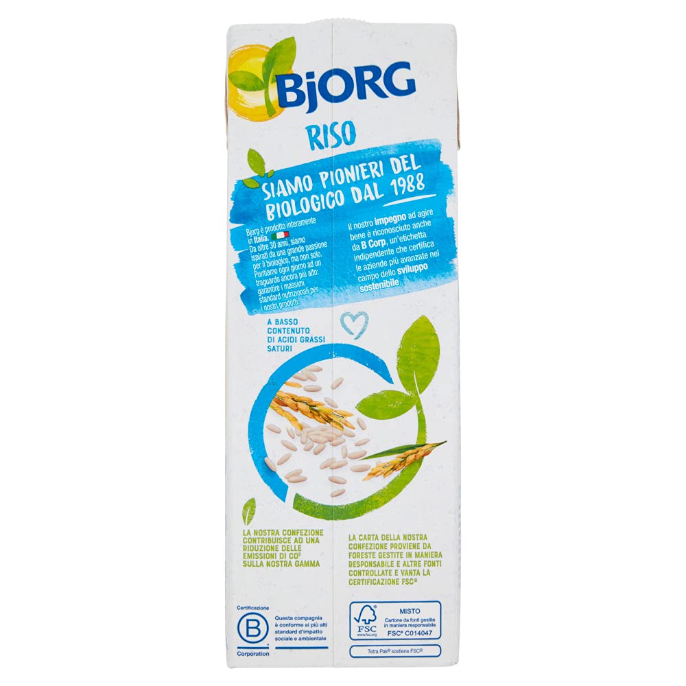 BJORG Bevanda di Riso, Vegetale, a Basso Contenuto di Grassi, Senza Zuccheri Aggiunti, Senza Glutine, Vegan, Prodotto in Italia, 1L