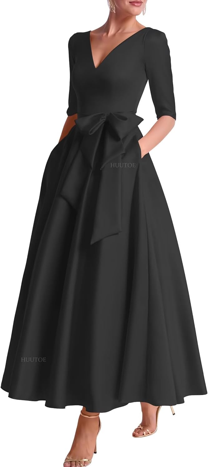 Half Sleeve Mother of The Bride Dresses for Women Tea Length Satin V Neck Formal Wedding Evening Gowns with Bow