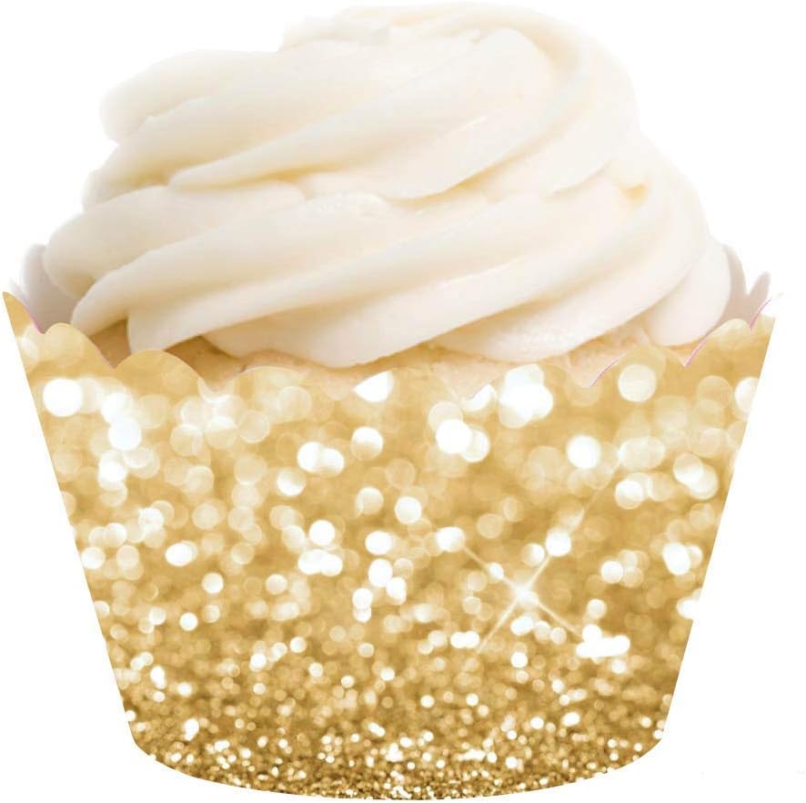 Andaz Press Glitzy Faux Gold Glitter Cupcake Wrapper Decorations, 24-Pack, Not Real Glitter Gold Cupcake Holder Gold Cupcake Wrappers Cupcake Sleeve Cupcake Decorations Cupcake Wraps