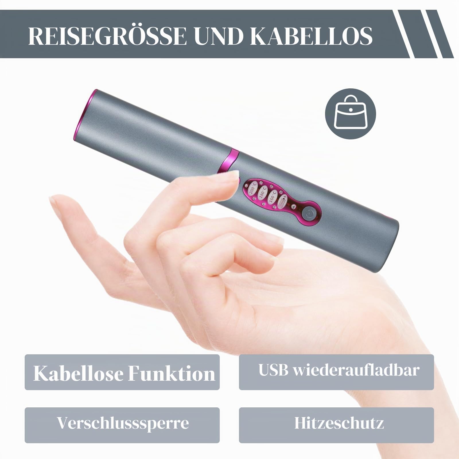 Kabelloser Haarglätter, Mini-Glätteisen, tragbar, für Reisen, Glätteisen und Lockenstab, kabellos, 2 in 1, wiederaufladbar, 3 Temperaturstufen und schnelles Aufheizen