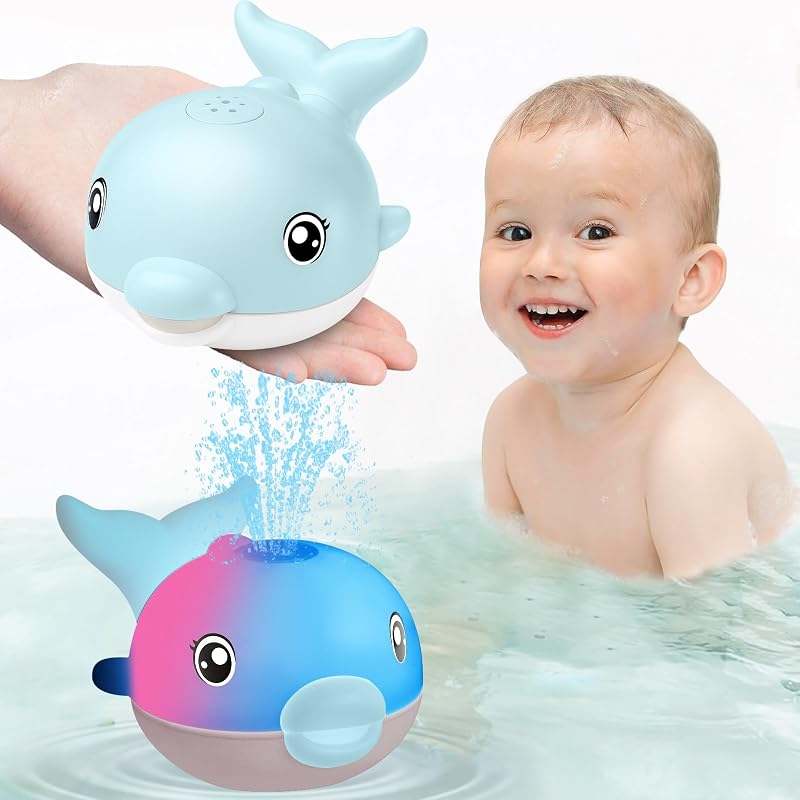 TOHiBaby Juguetes de baño, juguetes de baño para bebés con delfines iluminados para bebés de 6 a 12 12 a 18 meses, juguetes musicales con rociadores recargables, cestas de Pascua, juguetes para bañera para niños pequeños de 1 a 3, 2 a 4 niños y niñas