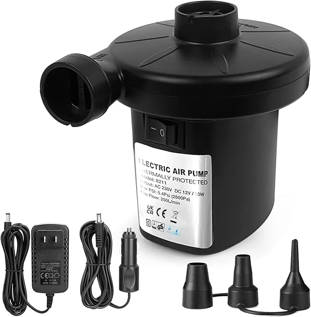 BOMPOW Electric Pump for Inflatables Quickly Inflatable Pump for Air Mattress Air Camping Paddling Bed Swimming Pool Ring Inflatables with 3 Nozzles, AC 230V/DC 12V 50W