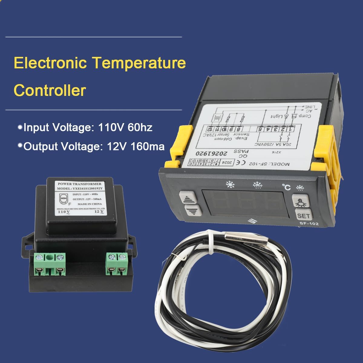 Electronic Temperature Controller SF-102 Digital Display Freezer Thermostat 110V Refrigerator Temperature Controller with External Transformer