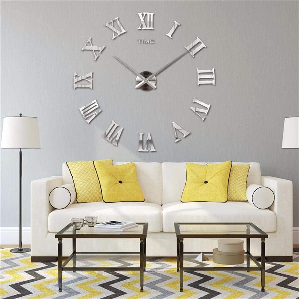 Mila 3D Frameless Wall Clock Large Stickers DIY Wall Decoration for Living Room Bedroom (Silver)