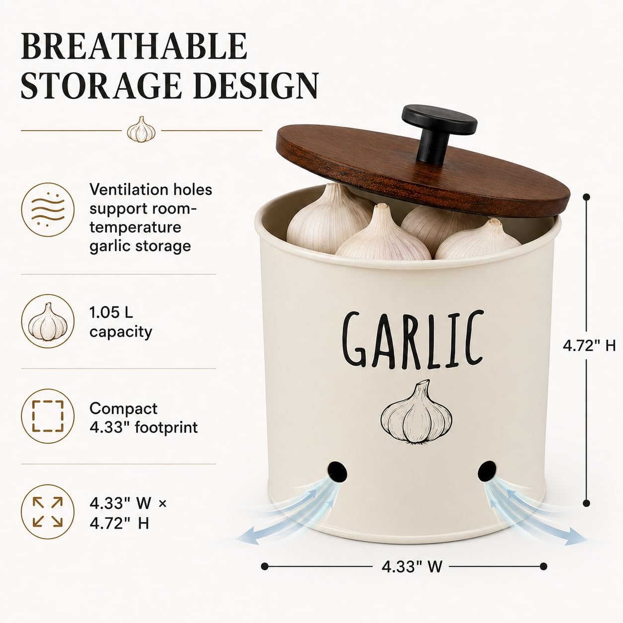 Garlic Keeper for Counter with Wooden Lid - Nordic Design Garlic Storage Container with Handle, Kitchen Organizer Jar, Housewarming Gift for Home Decor