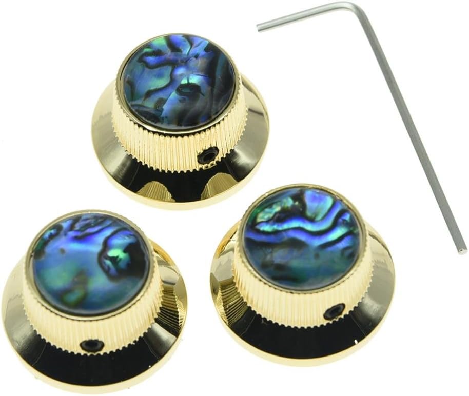 KAISH Set of 3 Set Screw Abalone Top Gold Guitar Bass Knobs Strat Metal Knobs for 6mm Shaft Pots