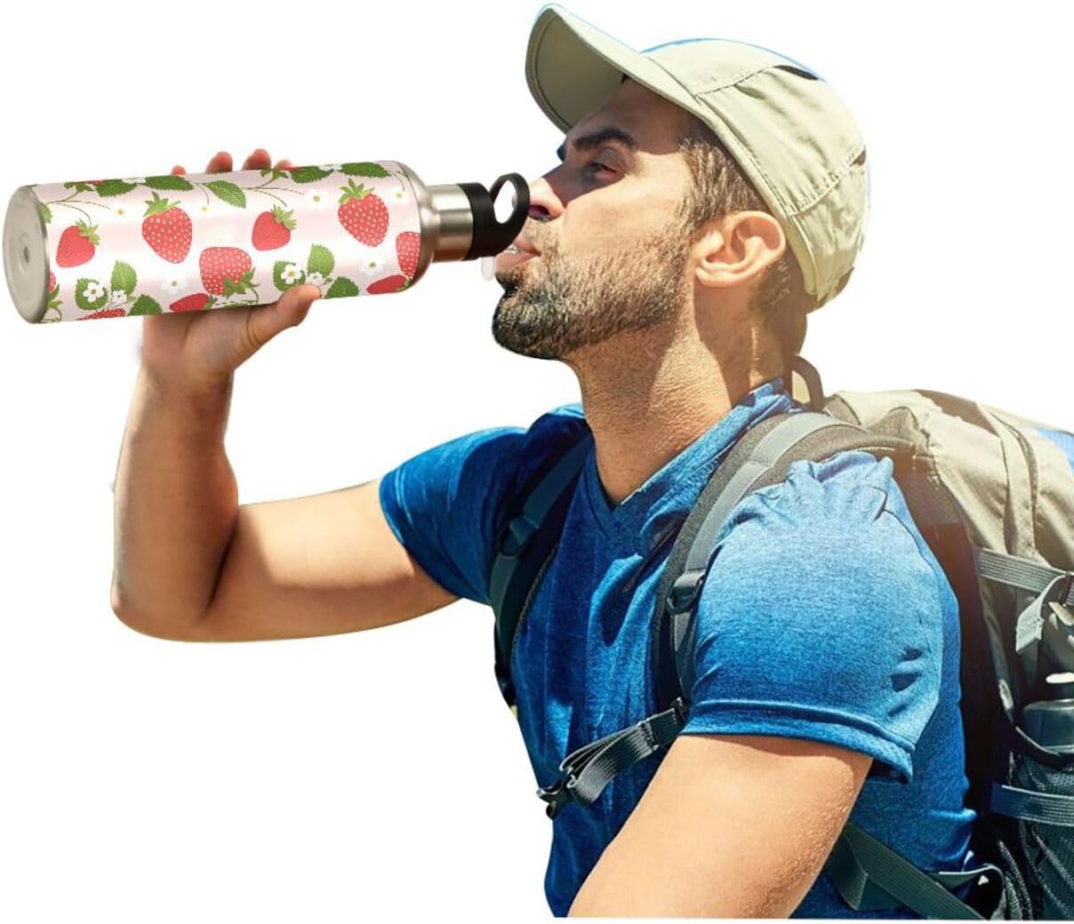 Kigai Strawberry Water Bottle with Straw Lid, BPA Free Vacuum Insulated Stainless Steel Sports Water Bottle Wide Mouth Flask for Outdoor Fitness Cycling