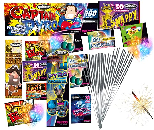 XXL SET 190 Teile Captain Pyro Jugendfeuerwerk Tischfeuerwerk mit Tischbomben & Wunderkerzen & Knallerbsen uvm für Partys & Feuerwerk Silvester Kat. F1 für Jugendlichen & Kinder 2022/2023