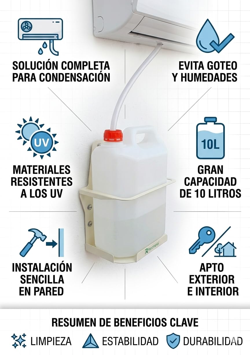 Recamania Kit de Desague para Aire Acondicionado | Garrafa de PVC 10 litros y Soporte Metalico en U para Pared | Garrafa Condensacion Universal para Exterior e Interior