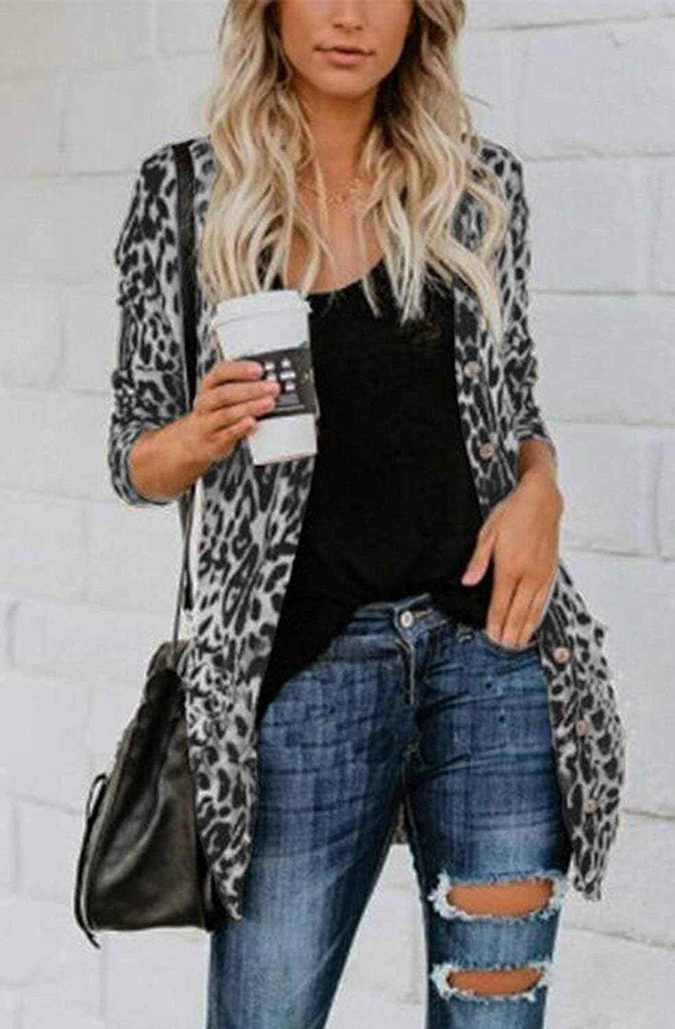 Women Lightweight Cardigan Leopard Printed Button Down Cardigans Shirt W Pockets(S-2XL) - Image 3