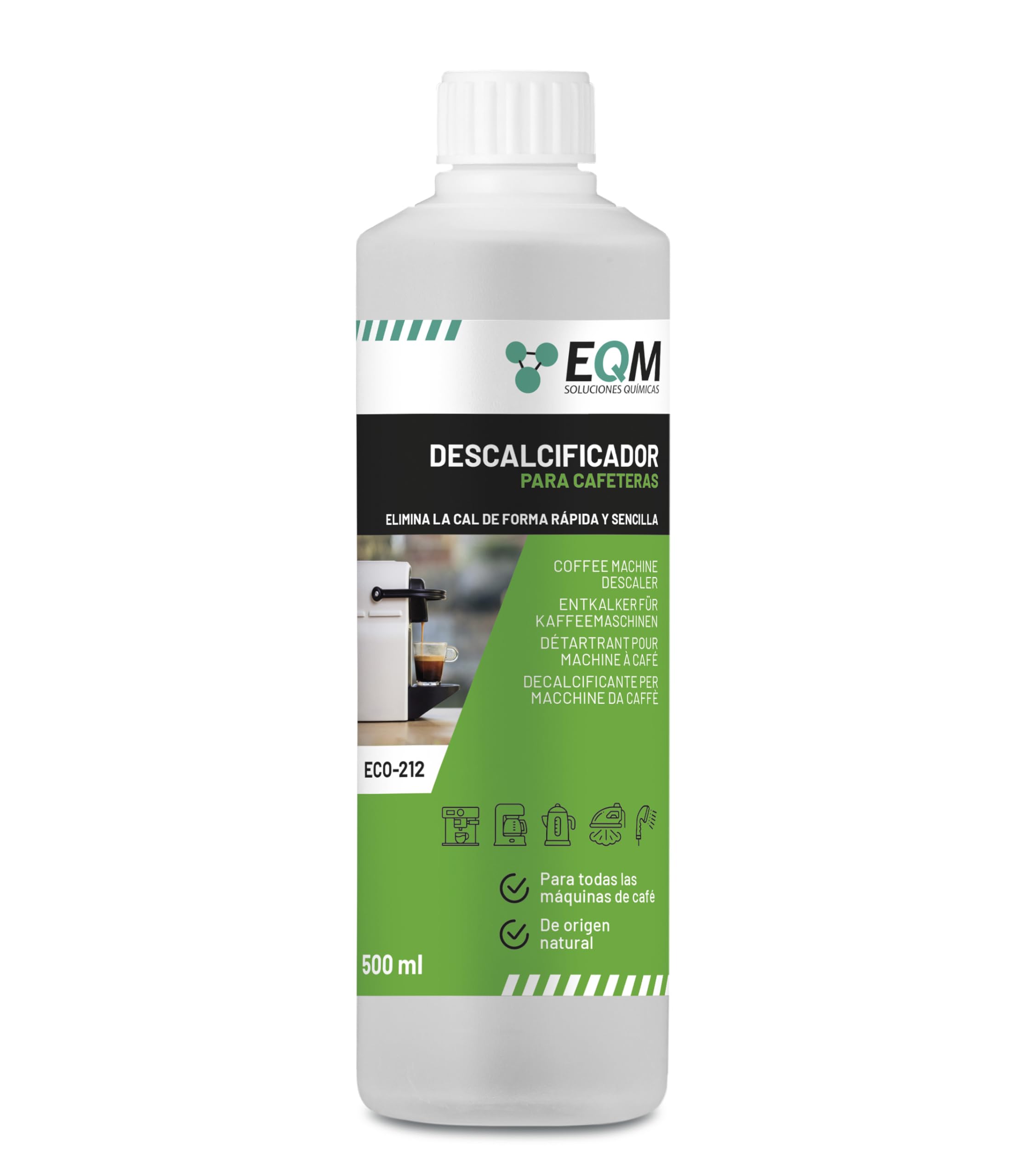 EQM - ECO-212 - Descalcificador para Cafeteras - 500 ML - Origen Natural 100% - Compatible con Todas Las Máquinas de Café - Elimina la Cal Incrustada en Aparatos del Hogar