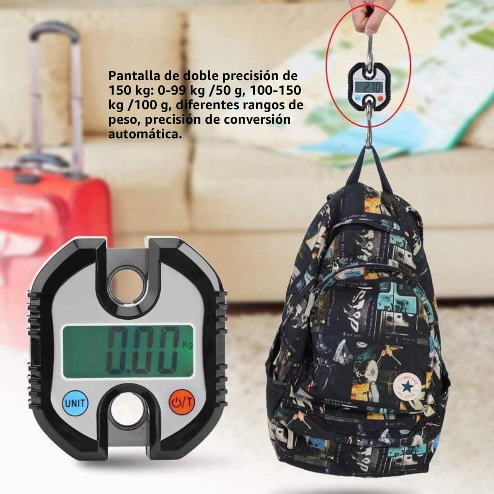 Rhorawill Bascula Digital Viaje Digital Balanza Báscula de Equipaje Báscula de Pesca, Hasta 150 kg, Bascula Viaje con Pantalla LCD y 2 Ganchos Desmontables, Para Viaje, Pesca, al Aire Libre (Negro)