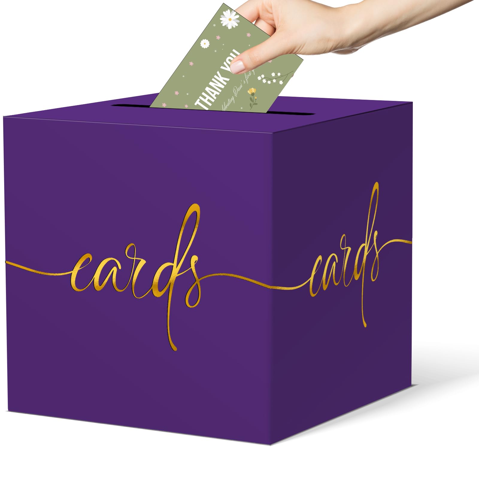 Purple Card Box with Gold Foil Design, Paperboard 8.7" Gift Card Holder for Wedding Graduation Birthday Party Reception Retirement Anniversary Bridal &amp; Baby Shower