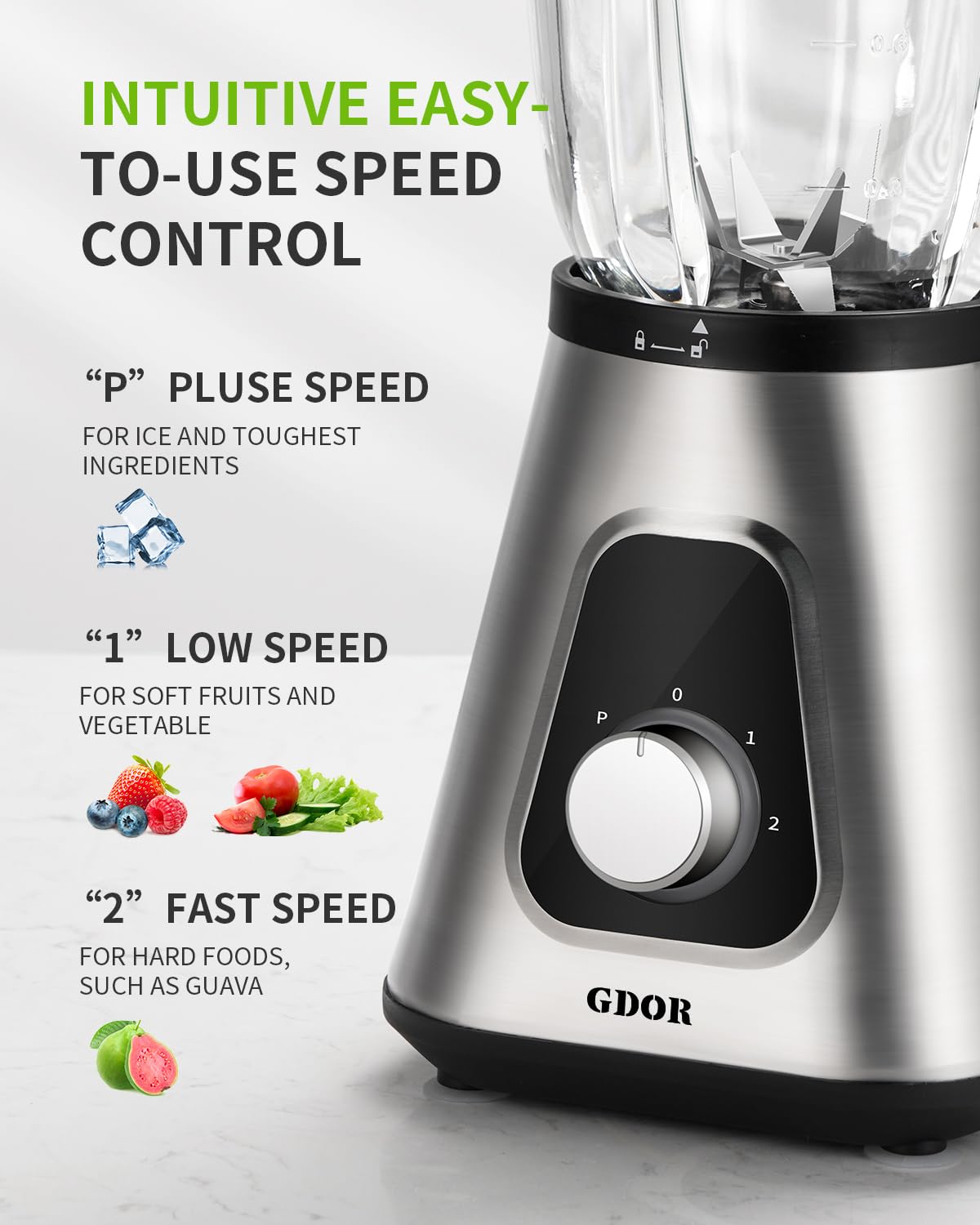 GDOR Mixeur en verre 1200 W 2 en 1 avec pichet en verre de 1,5 l et gobelet de voyage de 650 ml - 3 vitesses - Mixeur professionnel pour smoothies, shakes, boissons glacées, sauces