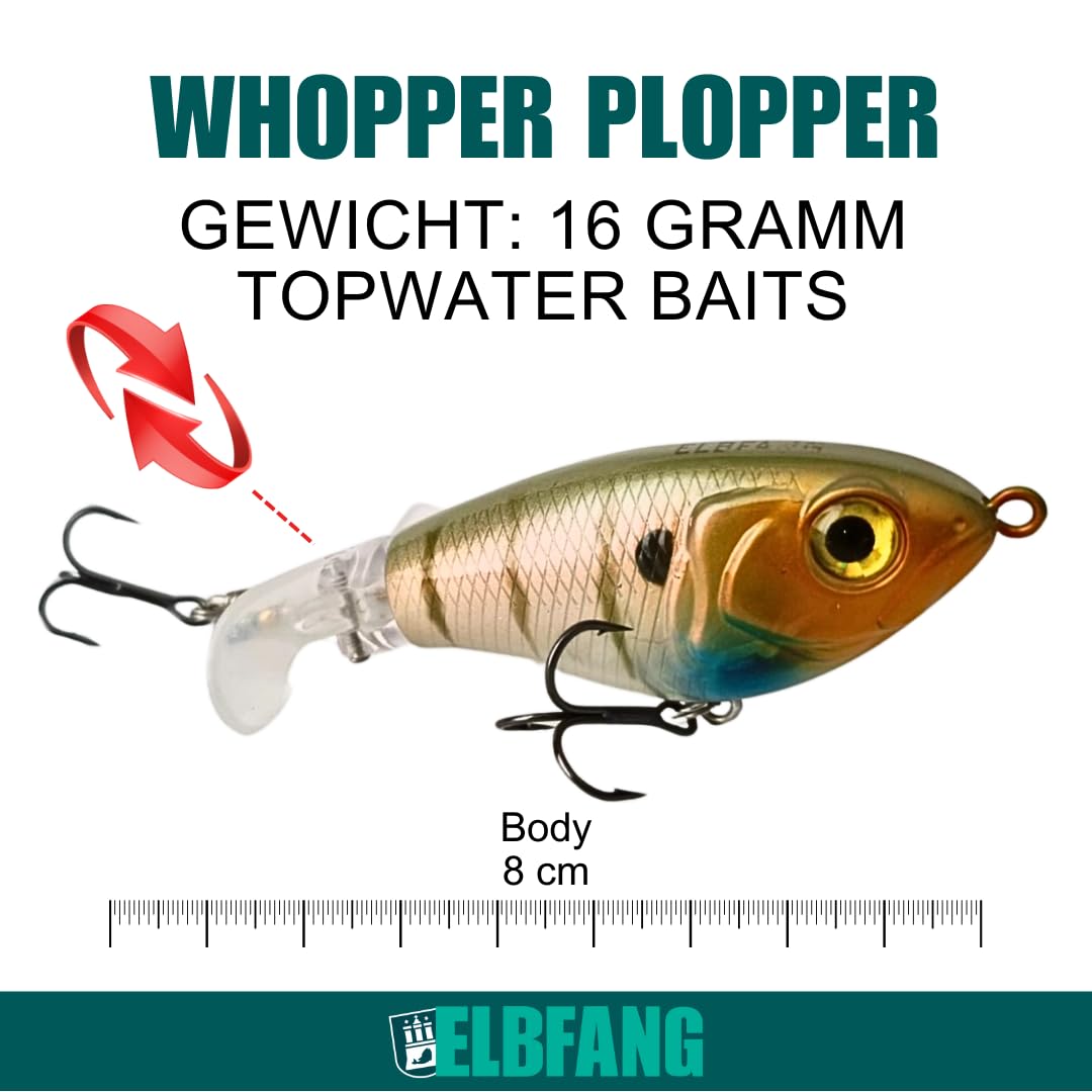 Topwater Señuelos de pesca | 8 cm – 16 gramos | 5 unidades con caja de cebo | Juego de cebos artificiales para pesca de lucio y bagre