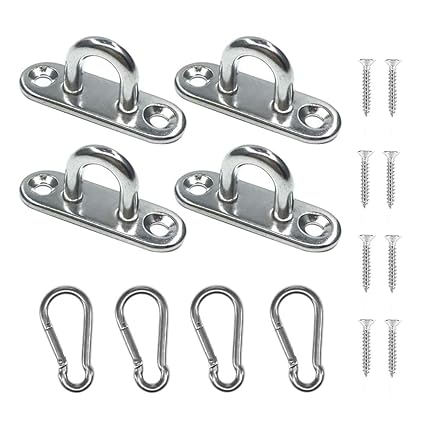 4 Pieces Stainless Steel 1.8 inch Pad Eye Plate U Hooks + 4 Pieces Stainless Steel Snap Hook,Marine Hardware Staple Hook Loop with Screws-Hushtong