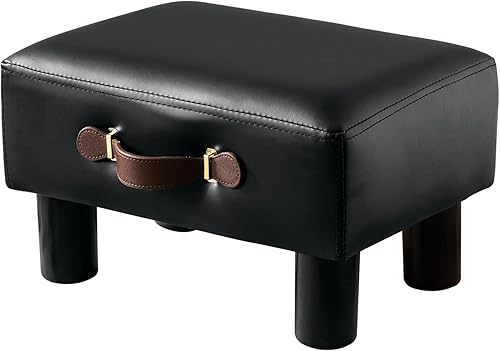 Miniatura 7 de Taburete de pie pequeño con asa, reposapiés corto de piel sintética negra, taburetes rectangulares de almacenamiento otomano con patas de plástico,