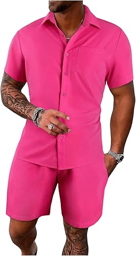 GORGLITTER Conjunto de 2 piezas para hombre, camisa de manga corta con botones y pantalones cortos con cordón