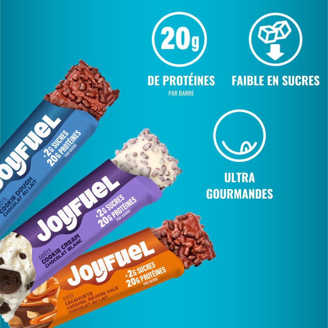 JOYFUEL Coffret panachée de 12 Barres Protéinées de 55gr -Goûts Chocolat au Lait & Cookie Dough- Chocolat Blanc & Cookie & Cream- Chocolat & Cacahuètes & Caramel - <2g de sucre - 20g de protéines -