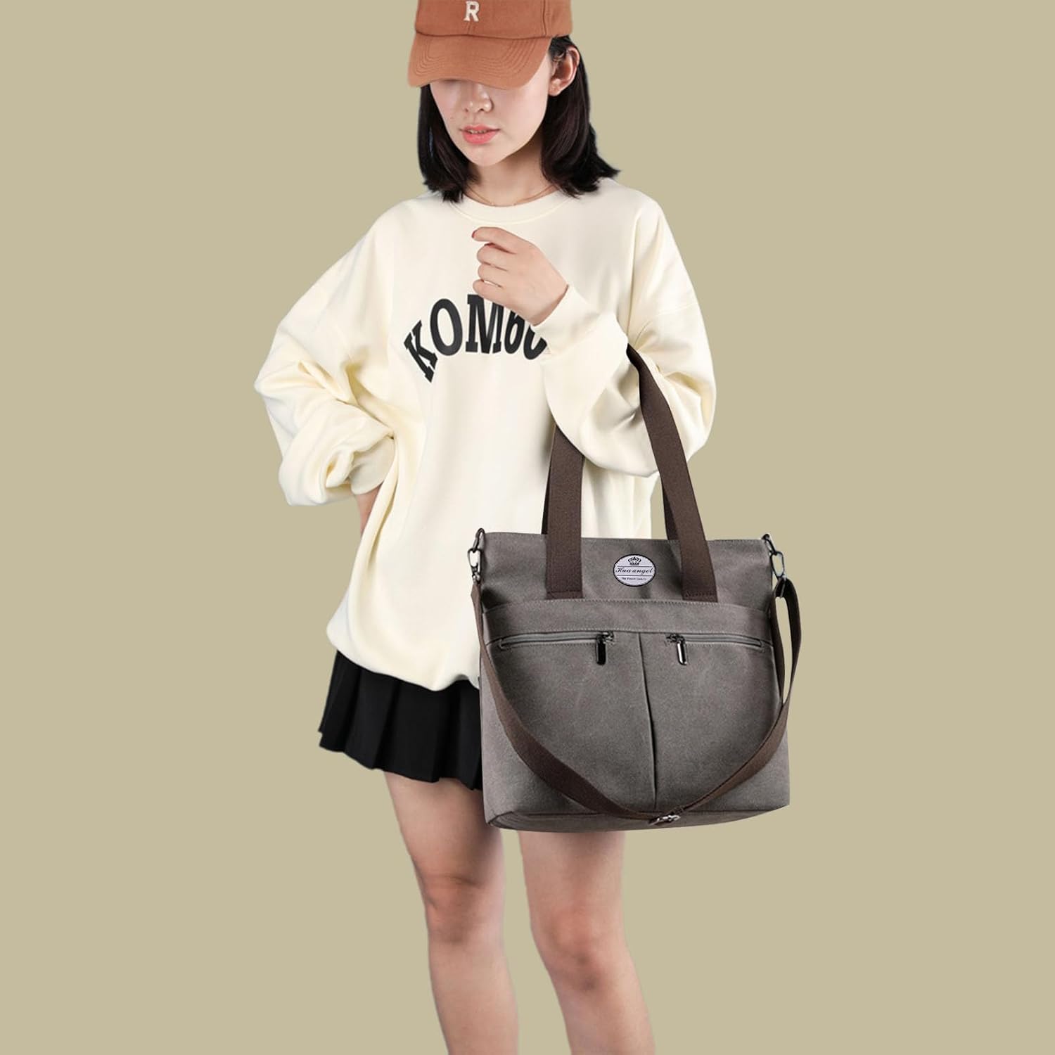 HUA ANGEL Women's Canvas Tote Bag Lightweight Crossbody Purse Multi-Pocket Durable Handbags for Work College Shopping Beach - Image 2