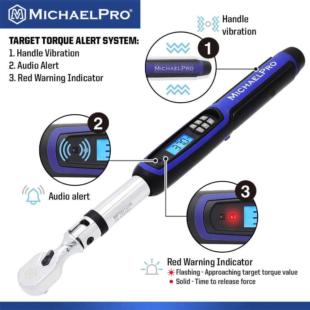 MichaelPro 3/8 Flex Head Digital Torque Wrench with Angle Function, 10 to 100 ft-lbs (10 to 135 Nm), Target Torque Multi-Alert System, 10 Available Presets | MP001226
