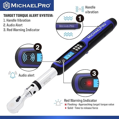 Miniatura 3 de MichaelPro Llave dinamométrica digital de cabeza flexible 38 con función de ángulo, 10 a 100 ft-lbs (10 a 135 Nm), sistema de alerta múltiple de par