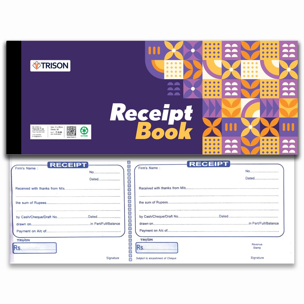 Trison Cash Receipt/Money Receipt Book with Counterfoil | 50 Sheets | 11x28 cm | Ideal for Office, School, institutes, Shops and General Accounting Purpose | Pack of 6
