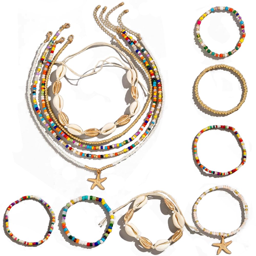 Genérico Collar de Conchas, 12 pcs Collar de Conchas y Pulsera de Conchas Set de Joyas Gargantilla, Collar de Conchas, Collar de Concha Natural, Hawaiian Beach Style Collar Ajustable