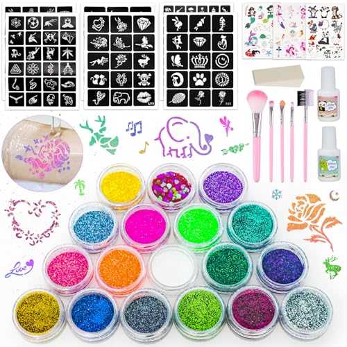 Gigmeta Set di tatuaggi glitterati, 18 colori, tatuaggi temporanei con 138 stencil, 5 pennelli, 3 adesivi cartoni animati, 2 adesivi e 1 spugna Gigmeta Set di tatuaggi glitterati, 18 colori, tatuaggi temporanei con 138 stencil, 5 pennelli, 3 adesivi cartoni animati, 2 adesivi e 1 spugna