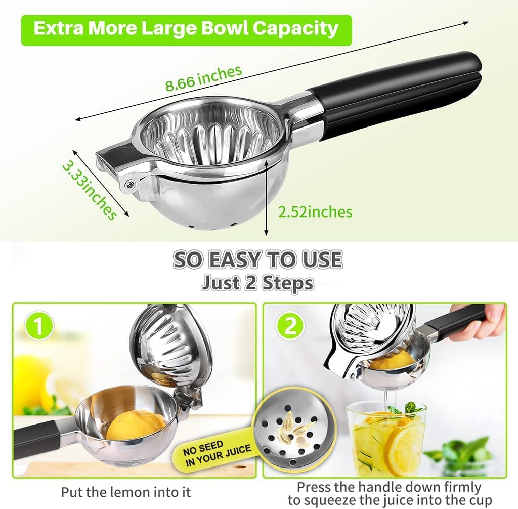 Lemon Squeezer Stainless Steel - Manual Citrus Juicer Large, Metal Lime Squeezer Hand Press, Orange Juice Extractor with Non-Slip Grip, Dishwasher Safe - TUISWO (Silver/Black)