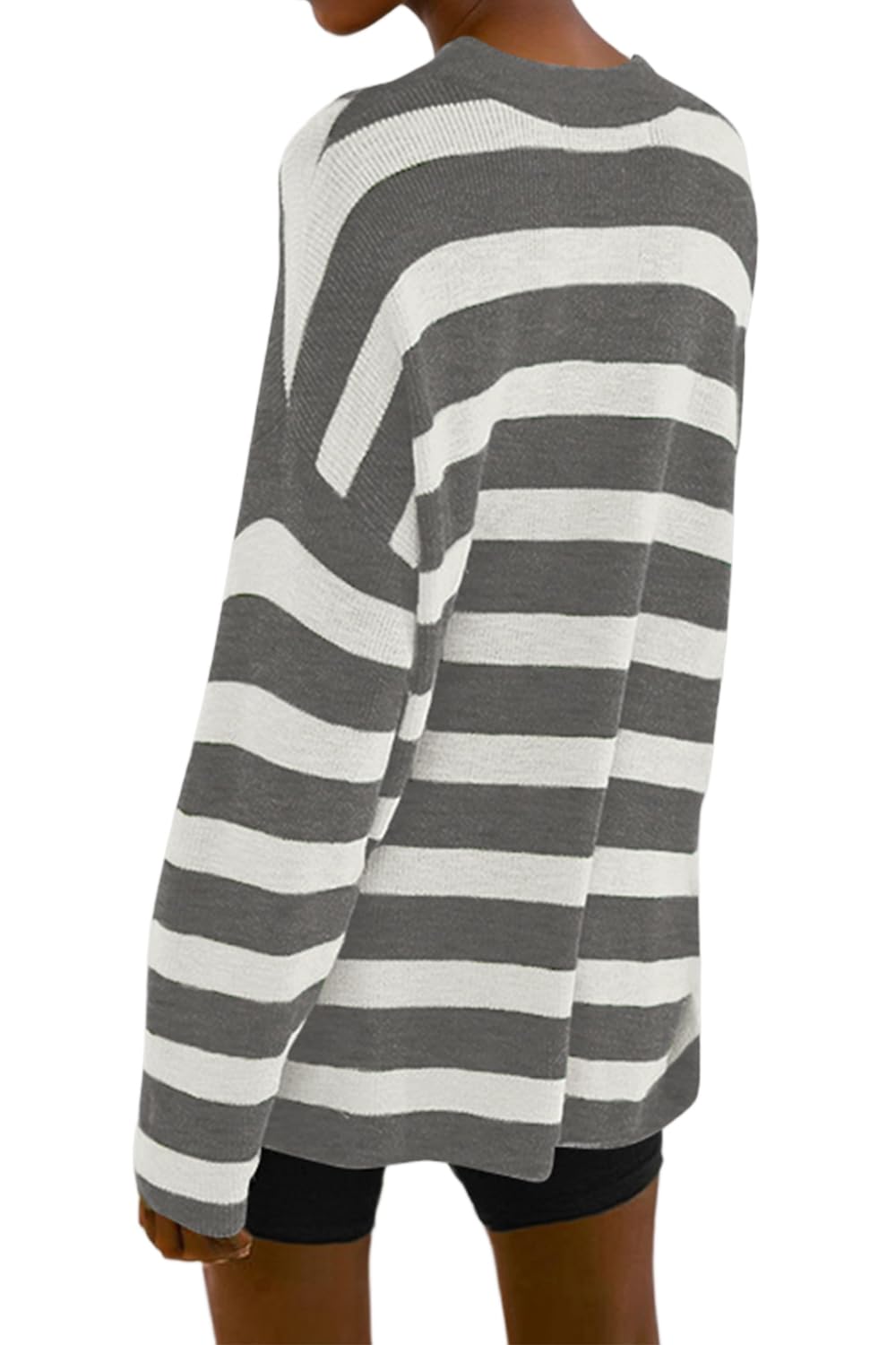 Poetsky Womens Oversized Striped Batwing Long Sleeve Crewneck Cable Knit Spring Fall Pullover Sweaters