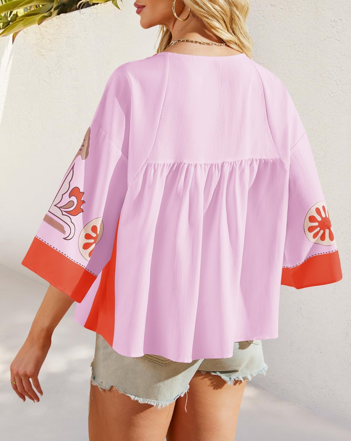 Womens Floral Printed Blouse V-Neck 3/4 Sleeves Loose Fit Vintage Babydoll Tops - Image 7