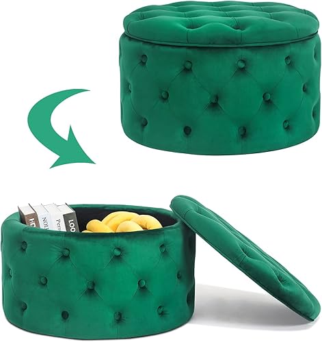 Miniatura 11 de Adeco Moderna silla otomana redonda de almacenamiento de 28 pulgadas, reposapiés otomano tapizado con botones con almacenamiento para sala de estar