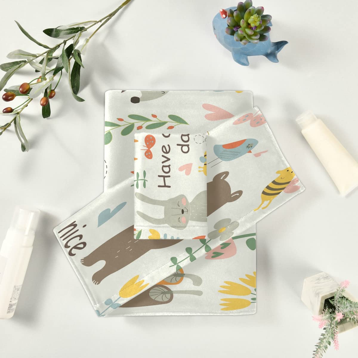 Animal Flor Linda Seta Juego de Toallas para Baño Playa 100% Algodón de Piscina Toalla (1 Toalla de Baño y 1 Toalla de Mano y 1 Paño de Lavado) para Nadar Hotel Niñas Niños Niños