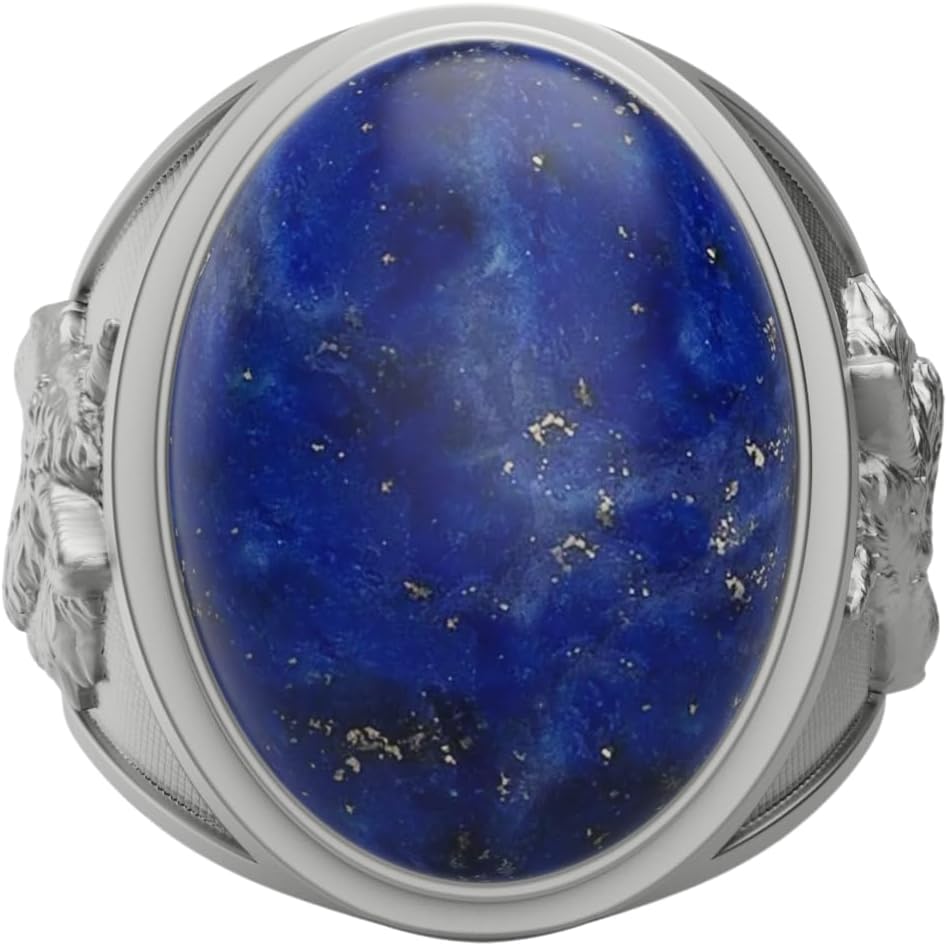 Lapis lazuli Wolf Head Signet Man Ring, Silver Lapis Gemstone Wolf Men's Ring, Animal Signet Rings, Wild Wolf Men Rings