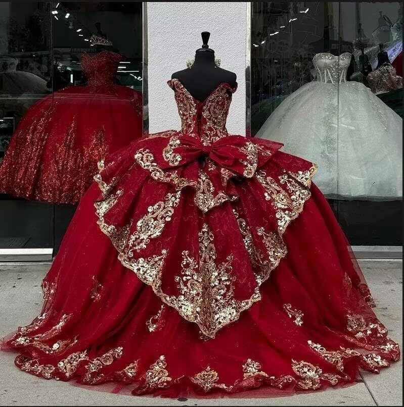 Glittery Tulle Gold Embroidered Applique Quinceanera Dresses Bow Ball Gown Off The Shoulder 20252