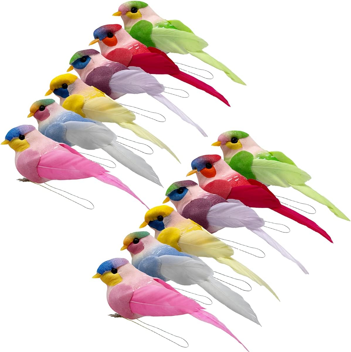 LWINGFLYER 12PCS Colorful Artificial Birds for Decoration Spring Courtyard Trees Flower Arrangement Scene Wedding Crafts Christmas Trees (12pcs Claw)